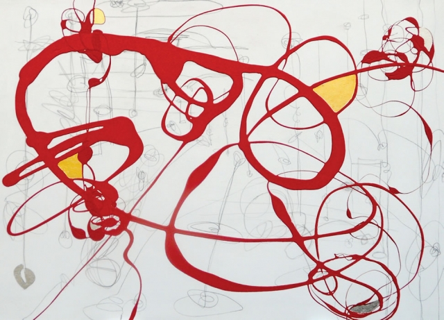 Serena Bocchino - Gimme Fever, 2012, enamel paint and graphite with gold and silver leaf on canvas, 52" x 72"