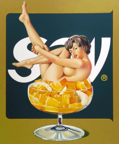 Mel Ramos, Miss Fruit Salad, 1990, screenprint in colors on black wove paper, signed in white crayon, 51" x 44", edition of 69