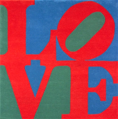Robert Indiana, Love Tapestry, 1995, tapestries, hand-tufted and hand-carved, skein dyed, New Zealand wool on stretched canvas with natural latex backing, signed on verso label, 72" x 72", edition of 150