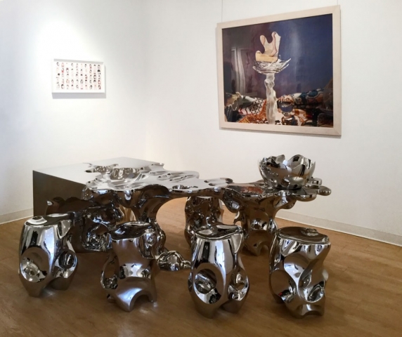 Shi Jianmin - Untitled, 2012, table and six stools, stainless steel, Table dimensions 94 L x 40 1/4 W x 29 H inches, Stools - dimensions 20 H x 15 1/2 W