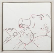 Tom Otterness, “The Consumer”, 2007, pencil and crayon on canvas, 10 x 10 inches