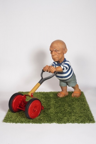 Elliot Arkin - Seedbed (Picasso Mowing), Cast aqua resin, outdoor acrylic paint, fabricated mower with wood handle, 28 x 45 x 12 inches, $40,000