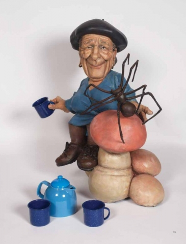 Elliot Arkin - Bourgeois Having Tea With Spider, 2013, Cast aqua resin, outdoor acrylic paint, tin tea set, 33 x 28 x 18 inches, $30,000